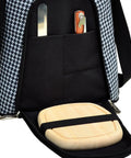 Inside view of Party Squad Ready Two Bottle Insulated Wine Tote Bag with houndstooth pattern, cheese cutting board and corkscrew.