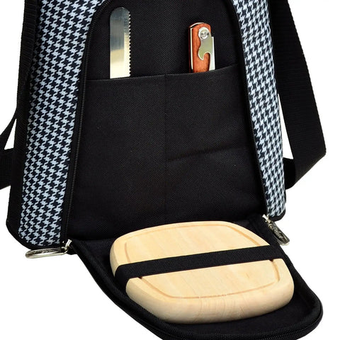 Inside view of Party Squad Ready Two Bottle Insulated Wine Tote Bag with houndstooth pattern, cheese cutting board and corkscrew.
