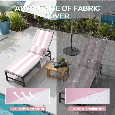 Two Piece Chaise Lounge Cushion Set With Head Pillow And Side Pockets, Water Repellent And Weather Resistant, Pink Stripe on patio