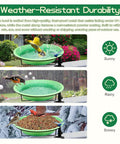 Heavy Duty Deck Mount Bird Bath And Feeder Combo With Snap Lock Railing Clamp, Detachable Green Gradient Basin in sunny, rainy, and snowy settings.