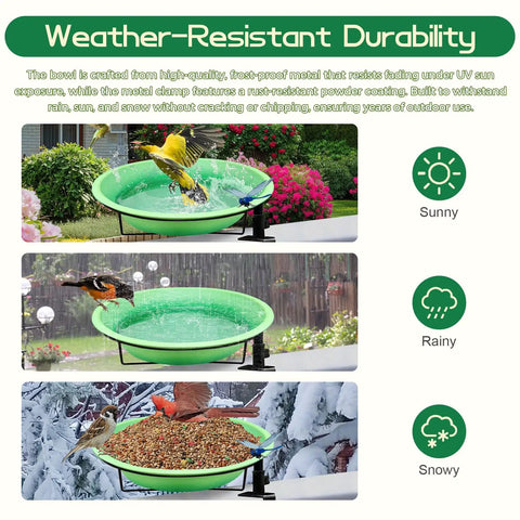 Heavy Duty Deck Mount Bird Bath And Feeder Combo With Snap Lock Railing Clamp, Detachable Green Gradient Basin in sunny, rainy, and snowy settings.