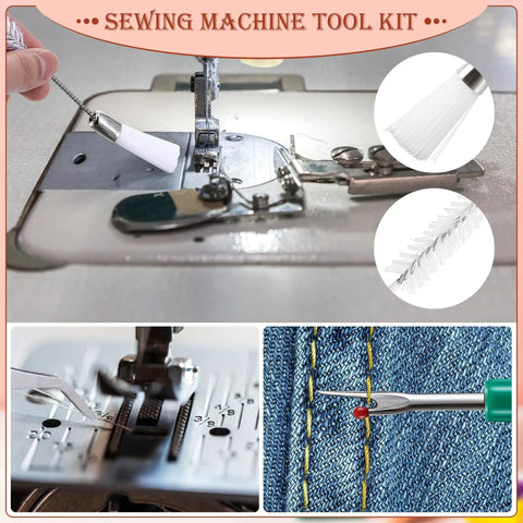 Complete 14 Piece Sewing Machine Cleaning Kit With Tweezers Double Headed Brush Must Have Screwdrivers Seam Rippers And Silicone Brushes For Quick Repairs And Deep Cleaning Of Your Sewing Machine showing tools in use.