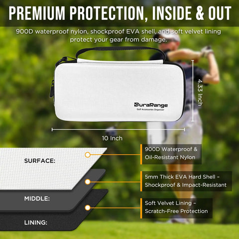 All In One Golf Glove Holder Case With Glove Shaper Portable Organizer for Balls Tees showing dimensions and material layers.