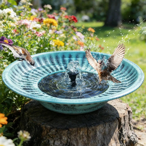 12.3 Inch Solar Fountain Bird Bath For Outdoors Metal Bird Bath Fountain For Garden And Patio Decor Blue No Wiring Needed Solar Powered Bubbling Water Feature For Birds in garden