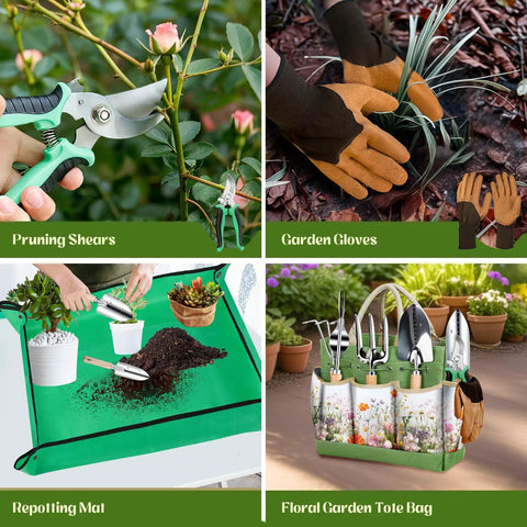 Heavy Duty 9 Piece Garden Tool Set With Floral Organizer Tote Rust Proof Hand Tools Thickened Repotting Mat kit