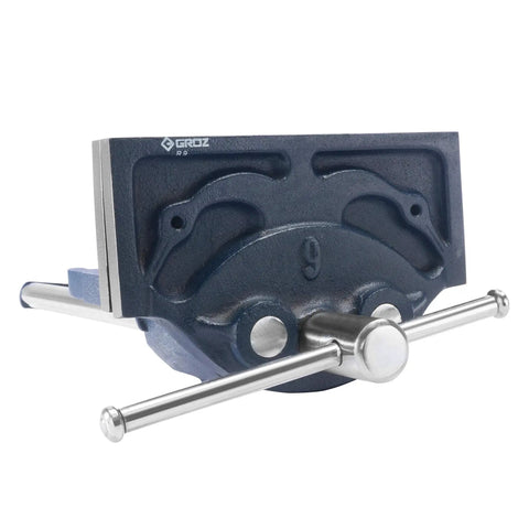 Rapid Action 9 Inch Woodworking Vise With Thirteen And A Half Inch Jaw Opening, front view showing cast iron body and handle