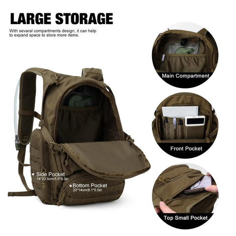 Open 25L Tactical Backpack with MOLLE System showing main, front, side, and top pockets for hiking, camping, and travel.