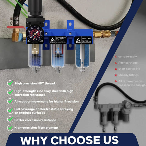 One Quarter Inch NPT Air Compressor Water Separator With Heavy Duty 3 Stage Drying System, wall mounted close-up