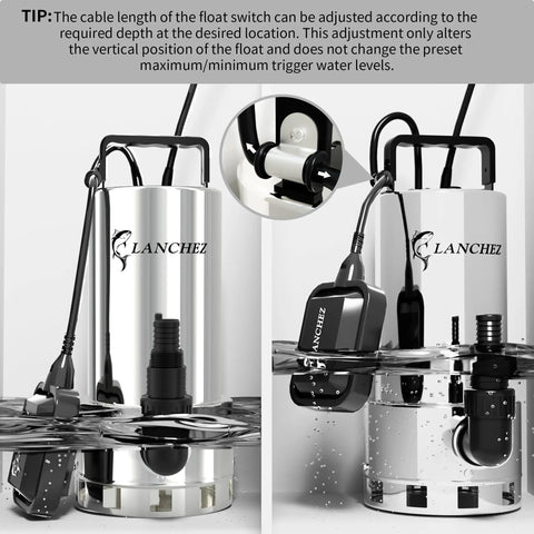 1.6HP High Flow Submersible Sump Pump 6000 GPH With Stainless Steel Body, Float Switch, Automatic Transfer For Pool, Basement Flood, Sewage Pit, Sink, Tub Black