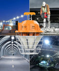 150W LED Work Light With 24750 Lumens Of Daylight 5000K, IP65 Dust And Waterproof, shown in construction and workshop settings