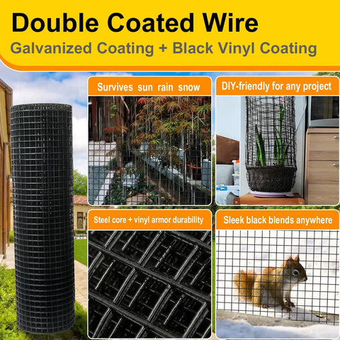 Heavy Duty 17 Gauge Black Vinyl Coated Hardware Cloth 1x48x100Ft in a roll, showing durability for poultry and garden use.