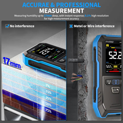 Pinless Wood Moisture Meter WMT-10 Go-To Rechargeable Digital Moisture Tester For Wood Walls Firewood Lumber Concrete And Building Materials With Data Hold And Record Built-In Flashlight Humidity Detector, 2.4-inch screen