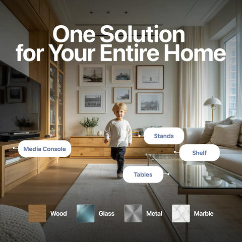 Child running in a modern living room showcasing wood media console and glass coffee table, with art on walls.