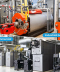 Industrial and commercial boilers with Dual-Display Tridicator Boiler Gauge Kit Commercial Grade With 2.5 Inch Dial visible.