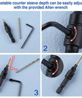 Adjustable depth sleeve and Allen wrench for Smooth Operator Countersink Drill Bit Set for woodworking adjustments.
