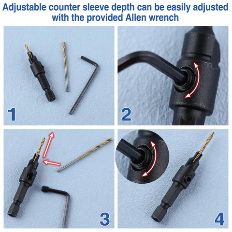 Adjustable depth sleeve and Allen wrench for Smooth Operator Countersink Drill Bit Set for woodworking adjustments.