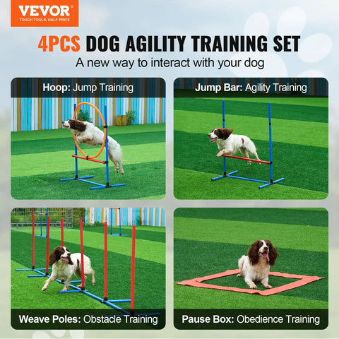 All In One Dog Agility Training Kit For Backyard Fun With Adjustable High Hurdles Weave Poles Jump Ring Pause Box Obstacle Set in use