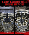 Reywoo wheel bearing puller on Harley-Davidson wheel hub; left shows removal setup, right shows installation.