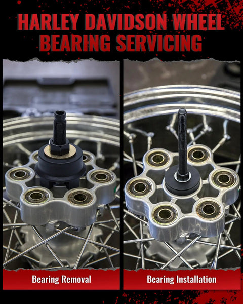 Reywoo wheel bearing puller on Harley-Davidson wheel hub; left shows removal setup, right shows installation.