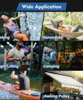 Collage showing wide applications of Heavy Duty 304 Stainless Steel Pulley Kit With Extra Long Nylon Rope, including climbing, weight lifting, and camping.