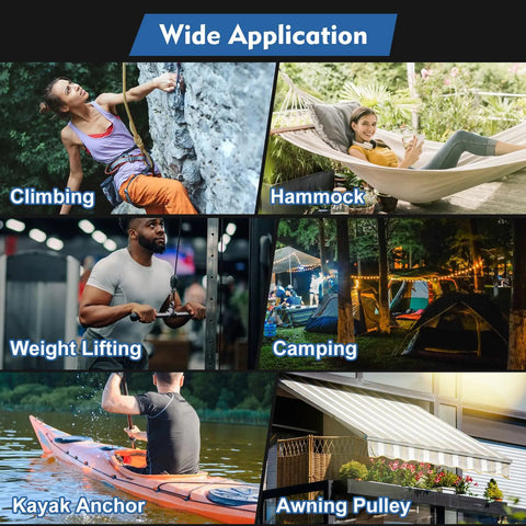 Collage showing wide applications of Heavy Duty 304 Stainless Steel Pulley Kit With Extra Long Nylon Rope, including climbing, weight lifting, and camping.