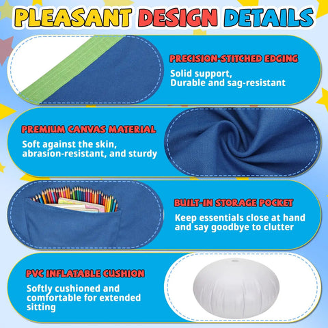 Heavy-Duty X-Shaped Sensory Swing Stand For Kids details, showing precision-stitched edging, canvas material, storage pocket, PVC cushion.