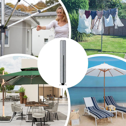 Rotating Washing Line Cover With Waterproof Zip Closure For All Season Outdoor Use, shown in various settings.