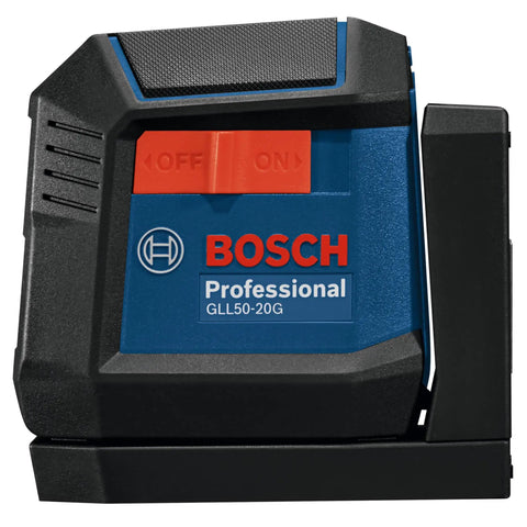 Rechargeable Self Leveling Cross Line Laser With Dual Power Options AA Batteries Or Li Ion Pack IP55 Rugged Jobsite Ready Bright Fine Line Projection For Precise Layouts Quick Setup And Durable Build, Bosch GLL50-20G close-up