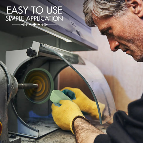 Man using Six Piece Polishing And Buffing Compound Kit With 1 Oz Each For Metal Wood And Auto Surfaces Including Black Emery Brown.