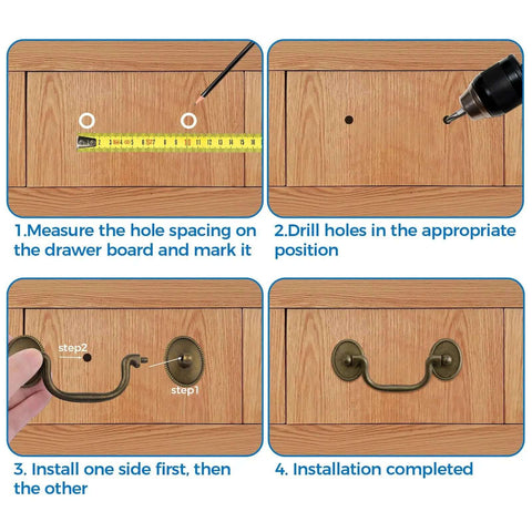 Installation steps for Drop Bail Cabinet Handle Pull in Vintage Brown Zinc Alloy on a wooden drawer front.