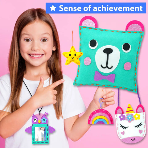 Child holding plush pillow from Starter Kids Sewing Kit With 7 Fun DIY Projects Like Stuffed Animal Dolls And Plush Pillows, Felt Materials