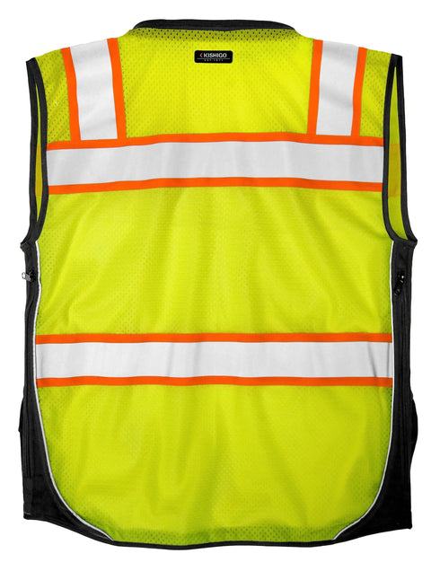 Mens Premium Surveyor Vest Class 2 Hi Vis Safety Vest showing back view with mesh, lime color, and reflective stripes.