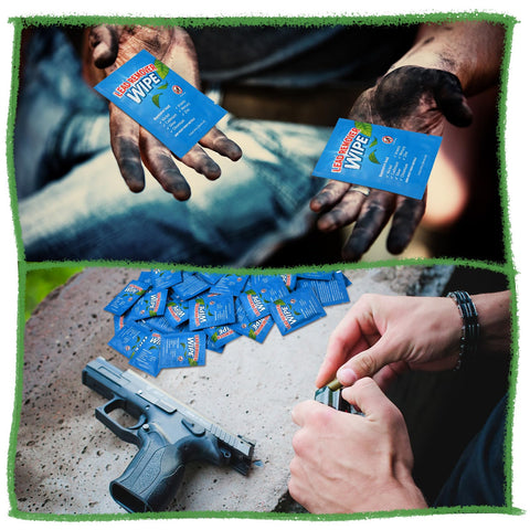 Person holding 100 Pack Lead Remover Wipes for Shooting Ranges and Industrial Cleaning, dirty hands, gun nearby on table.