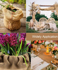 40 Inch By 30 Feet Garden Burlap Roll For Landscaping Outdoor Planting Mulch Weed Barrier Erosion Control Natural Jute Fabric Biodegradable shown in various uses including plant covering and decor.