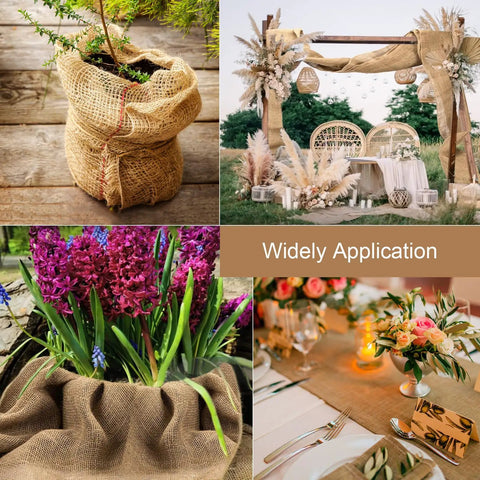 40 Inch By 30 Feet Garden Burlap Roll For Landscaping Outdoor Planting Mulch Weed Barrier Erosion Control Natural Jute Fabric Biodegradable shown in various uses including plant covering and decor.