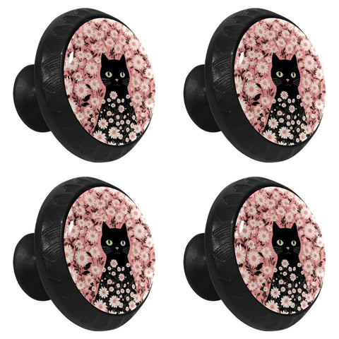 4 Pack Killer Look Pink Daisy And Kitty Crystal Glass Cabinet Knobs Built Tough For Kitchen Cupboards And Super Smooth Dresser Drawer Pulls - Decorative knobs featuring kitty design and floral pattern.