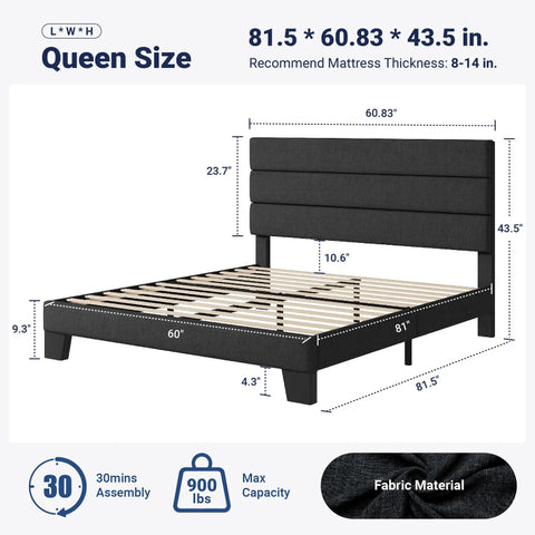 Queen Platform Bed Frame Built From Heavy Duty Metal And Solid Wood Features A Padded Upholstered Headboard For Quiet Nights Rock Solid Structure Handles Eight Hundred Pounds Protects Floors With Rubber Feet Built Tough For Casual Weekend Kickbacks dimensions and fabric details.