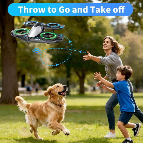 Beginner Friendly Foam RC Drone For Kids With LED Lights 360 Degree Flip Altitude Hold flying above family with dog in park.