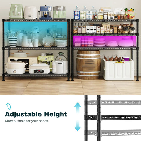 Beefy 3 Tier Adjustable Heavy Duty Metal Shelving Unit With Wire Storage Rack For Garage Pantry Or Workshop Sturdy Steel Shelves That Max Out Your Space Easy Assembly Flexible Tier Heights, 3-tier black wire shelving in pantry and adjustable height detail