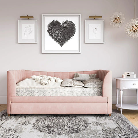Valentina Twin Upholstered Daybed With Trundle In Pink Velvet For Sleepovers And Quick Guest Beds Soft Plush Look