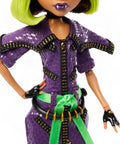 Clawdeen Wolf Dawn Of The Dance Reproduction Doll wearing a detailed purple zip dress with lime accents, showcasing stylish features.