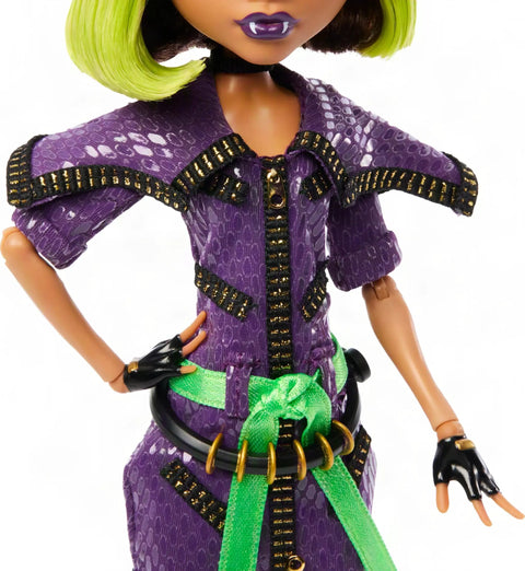 Clawdeen Wolf Dawn Of The Dance Reproduction Doll wearing a detailed purple zip dress with lime accents, showcasing stylish features.