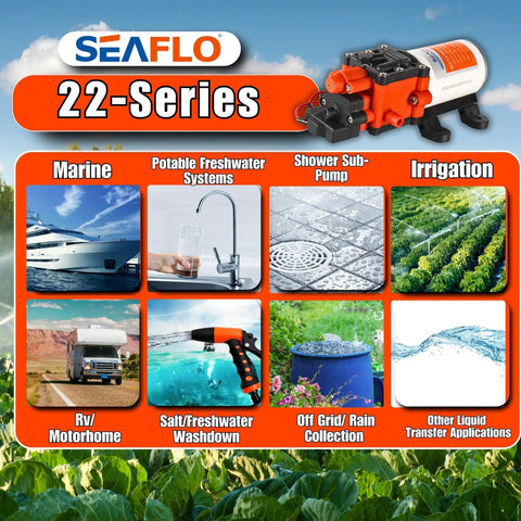 22 Series 12V On Demand Water Pump With 1.3 GPM Flow And 100 PSI Shutoff Diaphragm Pump for Marine RV Agriculture and Off Grid Use