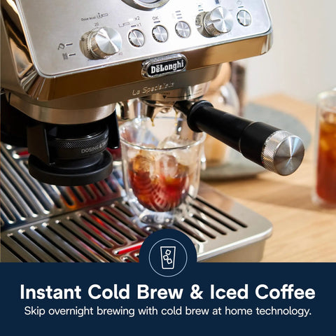 Compact Espresso Machine With Built In Burr Grinder And Milk Frother For A Home Barista Kit brewing iced coffee in glass