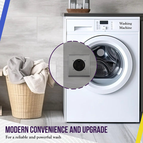 Image of a washing machine with a focus on the Heavy Duty 50 Amp 250V NEMA 14-50R Receptacle Outlet for RVs, EVs, Welders, Ovens.