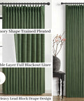 Dual Layer Linen Blackout Curtains 96 Inch Long 2 Panels For Living Room Olive Green Insulated Farmhouse Style Drapes with Track System