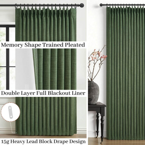 Dual Layer Linen Blackout Curtains 96 Inch Long 2 Panels For Living Room Olive Green Insulated Farmhouse Style Drapes with Track System