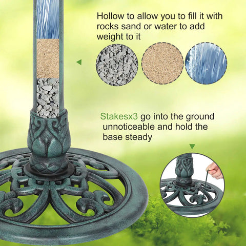 Close-up of Solar Powered Pedestal Bird Bath Fountain With Steel Ground Anchors, Weather Resistant Resin, Antique Green Outdoor Garden Decor For Yard Or Courtyard, Lightweight Yet Sturdy Backyard Water Feature showing base filling and anchoring.