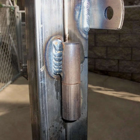 Side view of installed 8 Pack 2 Inch Weldable Barrel Hinges Heavy Duty Steel Weld On Bullet Door Hinges Detachable For Metal Swing Doors Gates And Glass Doors With 11 32 Inch Pin Bearing on metal gate.