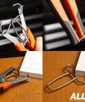 Close-up of Big Hand Friendly Miter Spring Clamp Pliers With 16 Clamps And 8 Inch Long Handles in use on wood trim.